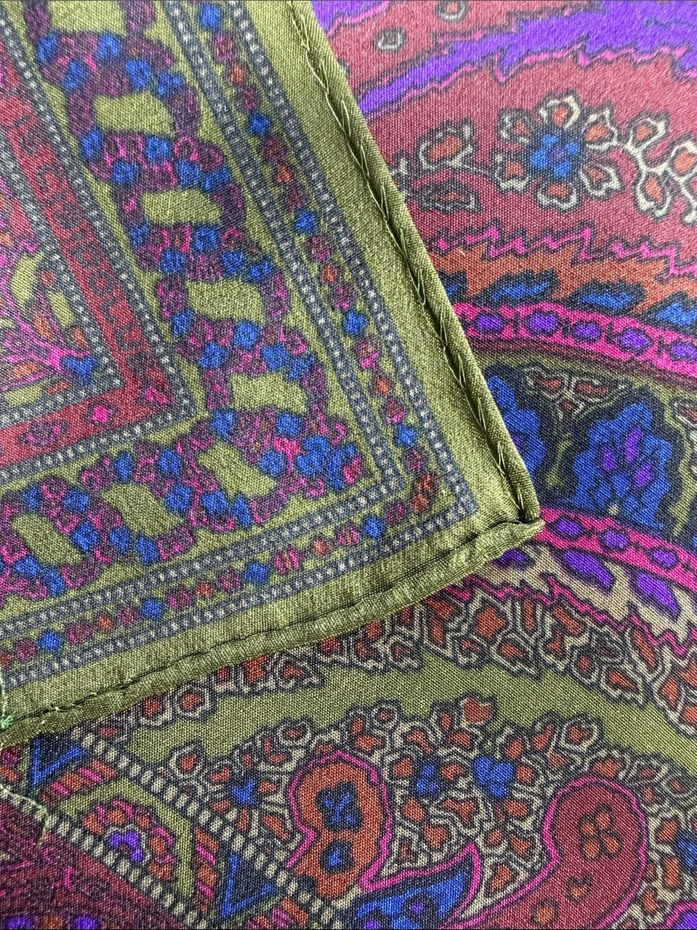 Paisley, print square silk scarf, purple, burgundy, blue pink green